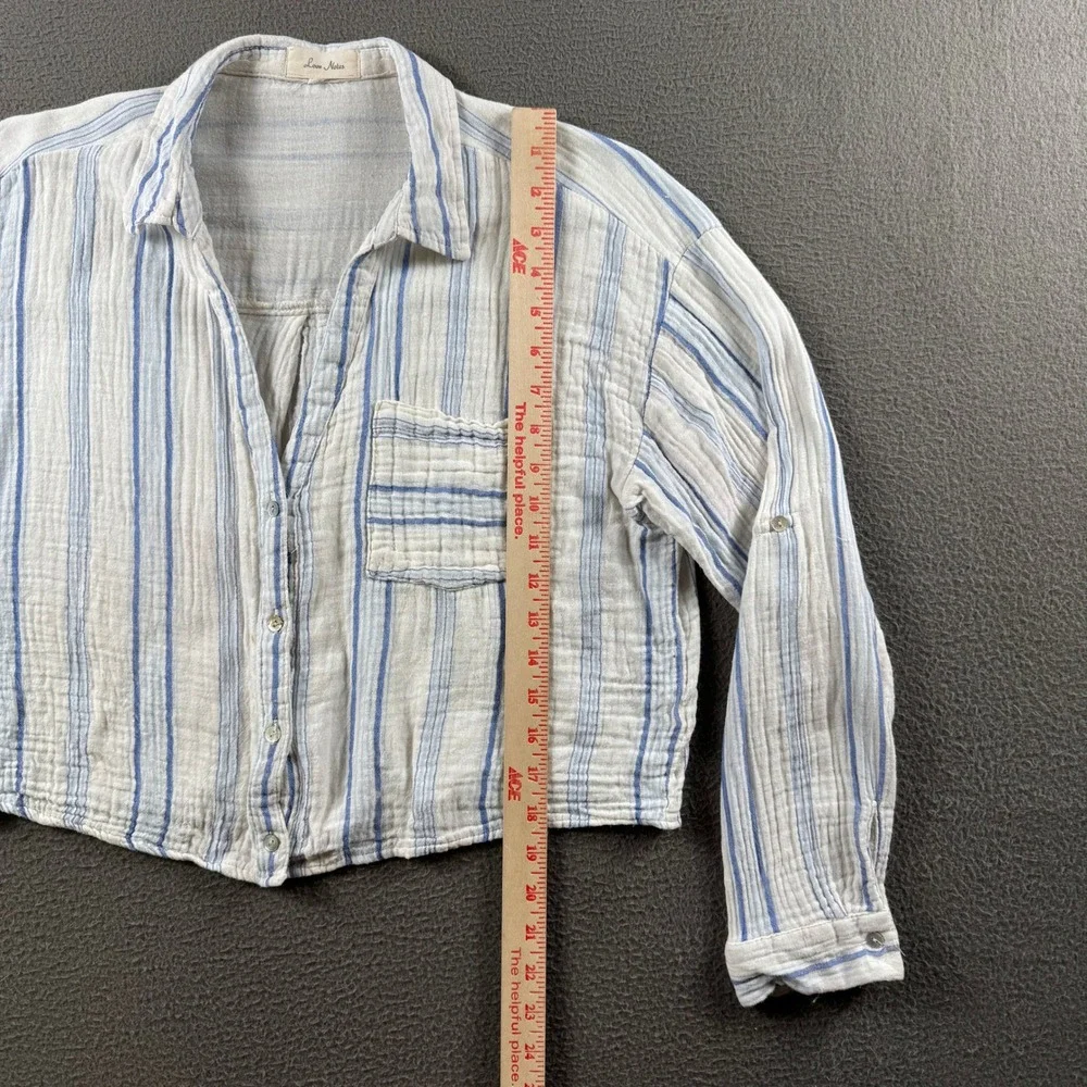 Love Notes Shirt Women L Blue White Striped Cotton Gauze Cropped Boho Coastal